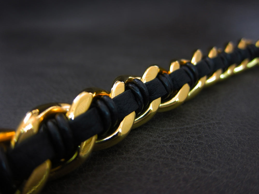 Luxury Gold Skull Black Leather Chain Bracelet Tb173