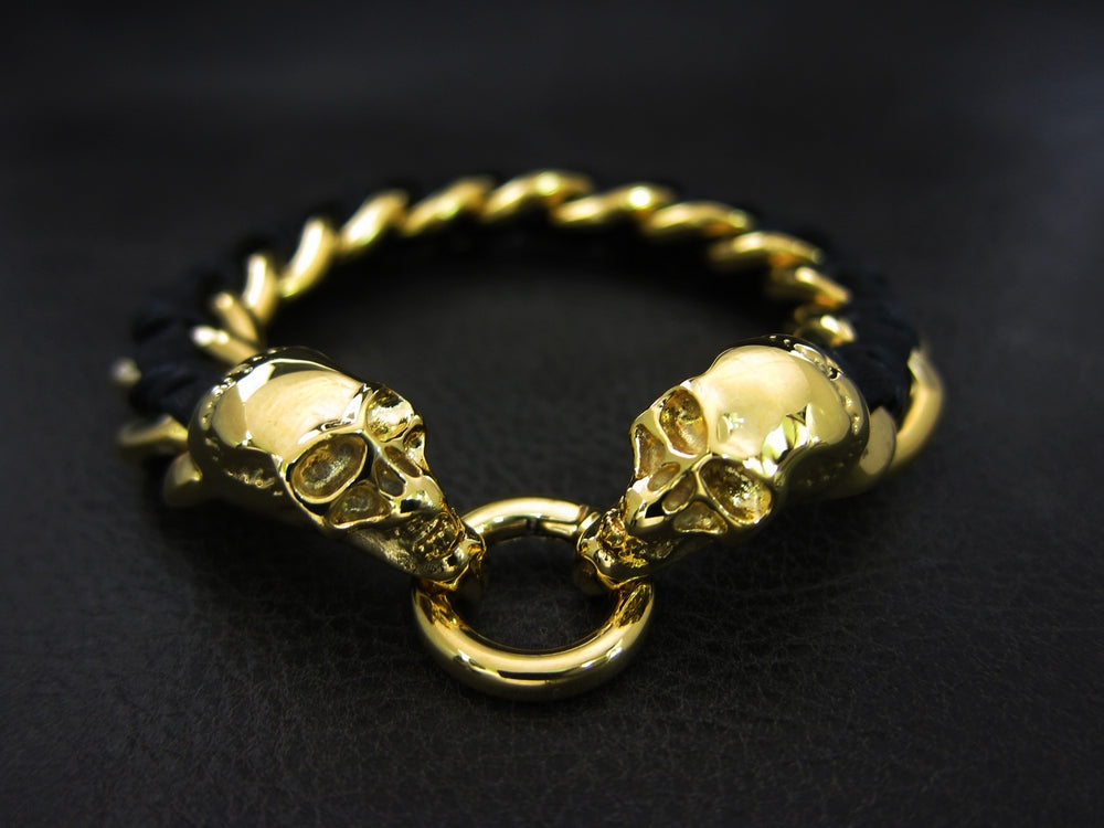 Luxury Gold Skull Black Leather Chain Bracelet Tb173